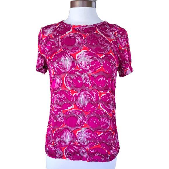 Tory Burch Abstract Circle Short Sleeve Top Burnout Silk Blouse Size 4 Magenta - Picture 1 of 9